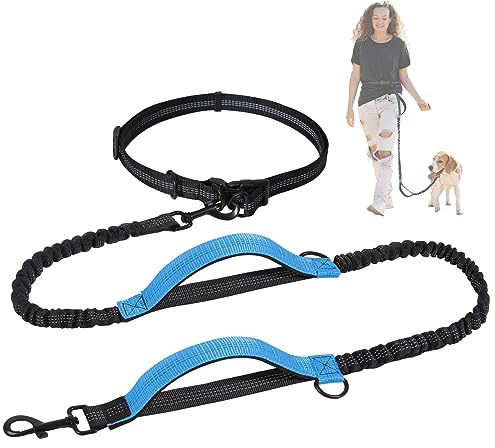 Snocyo Joggingleine Hunde, Jogging Hundeleine für Mittelgroße und Große Hunde, Elastische und Reflektierende Hundeleine, Einziehbare Leine mit Doppelgriff & Taillengürtel