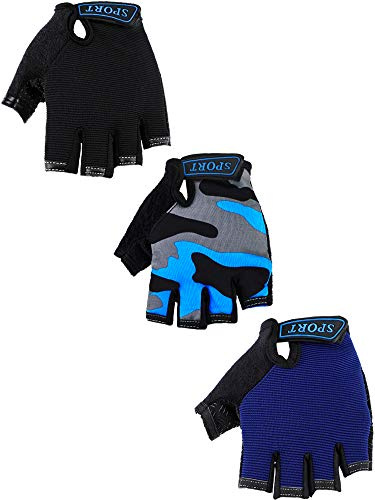 3 Paare Kinder Halbfinger Fahrradhandschuhe rutschfeste Gel Für Radfahren Reiten (blau, Grau Tarnung, Schwarz, 6-10 Jahre)