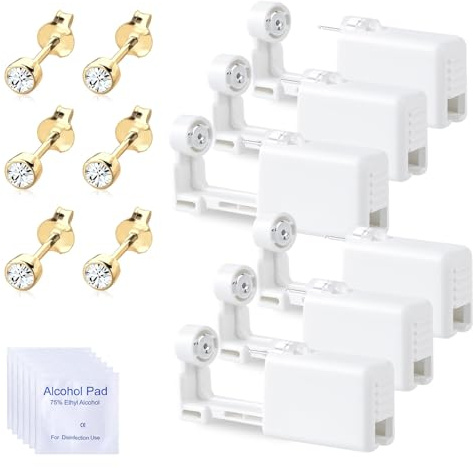 Voarge 6 Stück Ohrlochstechpistole, Einweg-Steril-Sicherheits-Ohrnasen-Piercing-Pistolen-Kit Schmerzfreies Selbst-Piercing-Werkzeug mit Ohrstecker-Asepsis-Pierce-Kit Piercing-Zubehör, Gold transparent