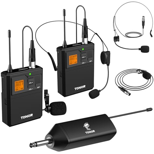 TONOR UHF Mikrofon Kabellos Set mit Headset Kopfbügel Funkmikrofon/Lavalier Ansteckmikrofonen Bodypack Transmitter, Empfänger, 6,35mm Ausgang 60 m Reichweite für Live-Auftritte, TW632, 2 Mikrofone