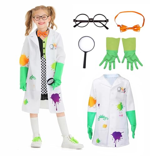 Wbesty Kids Mad Scientist Kostüm mit Brillengestell Fliege Handschuhe Lupenbrille 5Pc Kids Laborkittel Halloween Verkleidung
