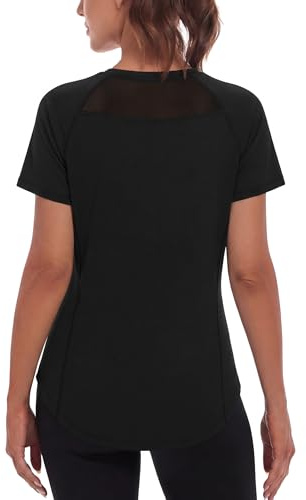 Wayleb Sport Shirts für Damen Rundhalsausschnitt Atmungsaktiv Rücken Mesh Funktionsshirt Locker Kurzarm Oberteil Fitness Sommer Yoga Workout Activewear Schwarz S-XXL