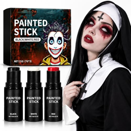 Gesicht Körper Farbe Stick [3er Set] - Halloween Schminke Schwarz Weiß Rot l Hochdeckende Bodypainting Farben, Ölbasierte Theaterschminke für Erwachsene, Film, Theater, Unfug