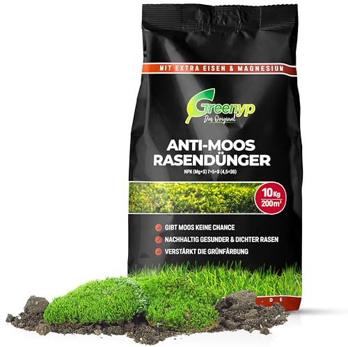 Greenyp Anti Moos Rasendünger I 2in1 Rasen- & Eisendünger 20kg für 400m² | Für Rasenflächen mit Moos | Rasendünger + Eisensulfat granuliert, streuwagengeeignet und staubarm für Frühjahr bis Spätsommer