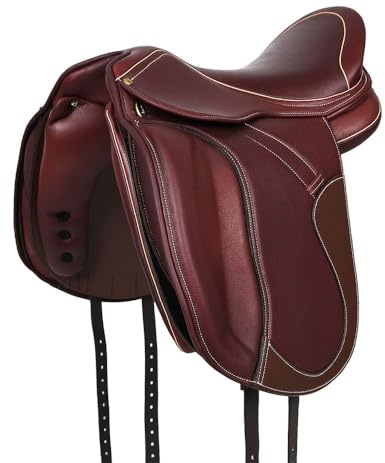 A&M Reitsport Dressur Sattel 1146 aus Leder, wechselbares Kopfeisen, Polyflex Baum, Braun/Beige, Größe:18.5 Zoll
