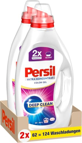Persil Flüssigwaschmittel Color (124WL) Ultra Konzentrat Waschmittel | Fleckenentfernung mit Tiefenrein Plus Technologie, Sorglos-Vorrat in 2 platzsparenden Flaschen, Colorwaschmittel flüssig
