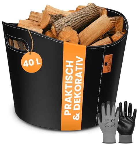 BLACK OAK DAKOTA L 40L Holzkorb für Kaminholz - Kunstleder schwarz 30kg Traglast - 40 Liter 40x38x32cm - Kaminholzkorb Holzkorb Brennholzkorb Tasche Korb für Holz Transport & Aufbewahrung schwarz