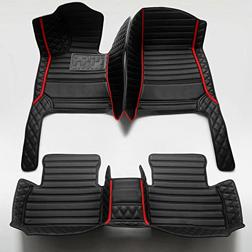 Personalisierung Anpassen Autofussmatten - 3D Luxus PU-Leder Auto Fussmatten Massanfertigung, Nach Maß Fußmatten Kompatibel mit 99% AutoMarke Modell (Alle schwarz+Rot Bar)