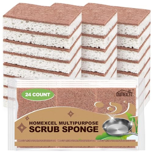 HOMEXCEL Natürliche Scheuerschwämme für die Küche, 24 Stück, kratzfeste Reinigungsschwämme für Geschirr, Zellulose-Schwämme, sicher auf Antihaft-Kochgeschirr, doppelseitiger Geschirrschwamm zum Spülen