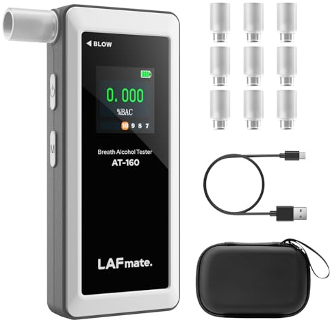 LAFMATE AT-160 Alkoholtester, hochpräziser Promilletester mit Alarmschwelleneinstellung, Breathalyzer mit digitaler LCD-Anzeige, Speicherfunktion, Typ-C-Laden, 10 Mundstücke für Heimgebrauch