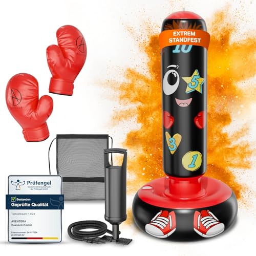 AVENTERA® Boxsack Kinder Stehend 3-12 Jahre (160cm Mit Lerneffekt) - 4-In-1 Set - Kinderboxsack Für Training, Bewegung & Motorik - Geprüfte Qualität