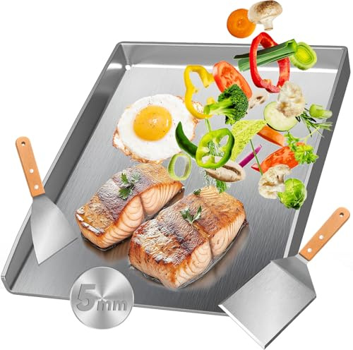 Camxon Universelle Edelstahl Plancha Grillplatte 40.5×31CM mit 5MM verdickt | mit Fettablauf, Spülmaschinenfest inkl. für BBQ Gasgrill & Kohlegrill Geeignet