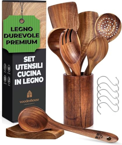 Holz Kochbesteck-Set mit Halter, Pfannenwender Kochlöffel Schöpfkelle Nudelheber Servierlöffel Sieb – mit Haken, Halter und Ablage – 13-teiliges-Set Küchenset – hochwertig & nachhaltig