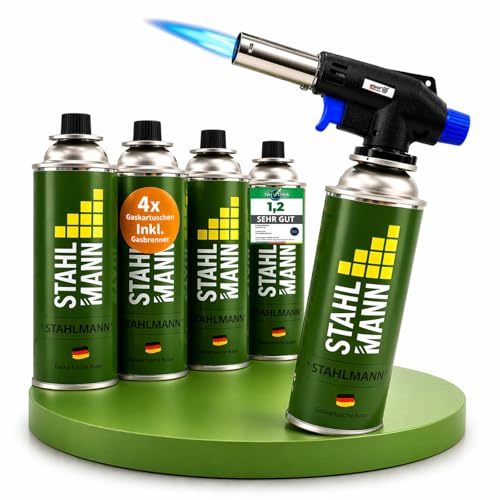 STAHLMANN ® Gasbrenner mit Kartusche 227g – Schweißbrenner max. 1300°C Temperatur – Lötlampe mit Piezozündung – Bunsenbrenner Küche -Küchenbrenner (4x Gaskartuschen)