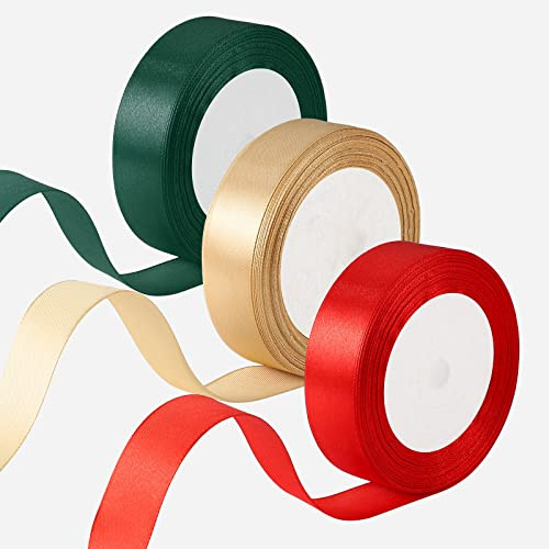 66m Geschenkband Weihnachten, 25mm Schleifenband Weihnachten(22m/Rolle) | Weihnachtsgeschenkband Geschenkband Rot&Gold&Dunkelgrün für Geschenkverpackung Weihnachten Basteln