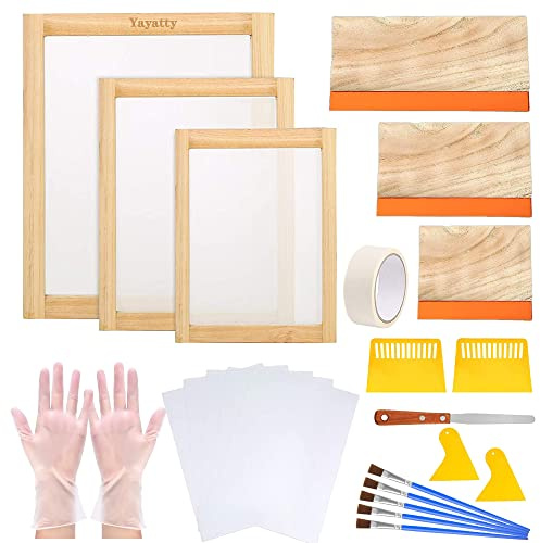 Yayatty 47 Stück Siebdruck Rahmen Set,Siebdruckrahmen mit Mesh 3 Stück Holz Siebdruckrahmen Anders, Tintenschaber und Abdeckband für Den Siebdruck