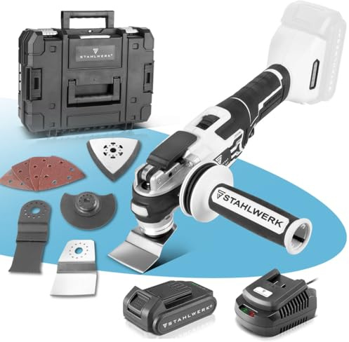 STAHLWERK Oszillierendes Akku-Multifunktionswerkzeug 20 V Akku-System (OMTB-20 ST) – 900 Watt, 10.500–20.000 U/min, 3° Oszillationswinkel, Brushless, Schnellverschluss, LED-Licht & Softgrip-Griff