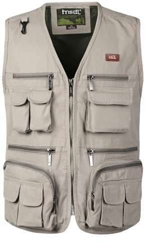 KTWOLEN Herren Angelwesten Sommer Outdoor Weste mit Vielen Taschen Fotografie Anglerweste Arbeitsweste Safari Weste Jagd und Fischer Weste, Beige, XXL