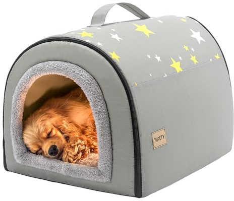 Jiupety Hundehütte Indoor, 2-in-1 Hundehaus für Drinnen, Größe L Hundehöhle Mittelgroße Hunde, Warme Höhle Schlafnest, Grau