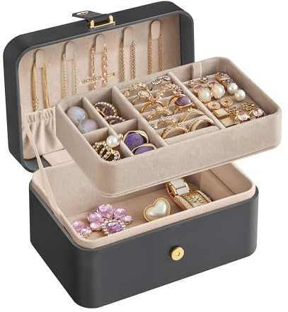 SONGMICS Schmuckkästchen Reise, 2 Ebenen, tragbar, 16 x 11 x 7,8 cm | Schmuckaufbewahrung, Schmuck-Reiseetui, für größere Accessoires, Geschenkidee, Schiefergrau, GISELLA Kollektion JBC166G01