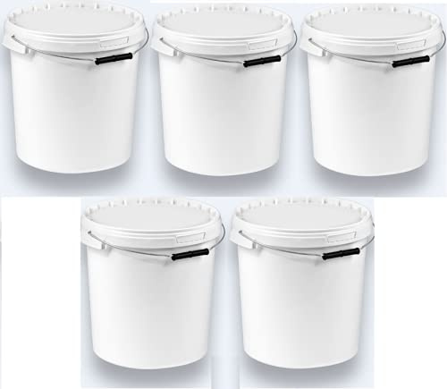 5 x 20 Liter Eimer mit Deckel, Weiß, stapelbar, lebensmittelecht, 5 Stück | Kunststoffeimer, Milch-/Vorratseimer, Honigeimer, Lebensmittelbehälter, Leereimer für Mehl, Wassereimer, Lebensmittelfreigabe