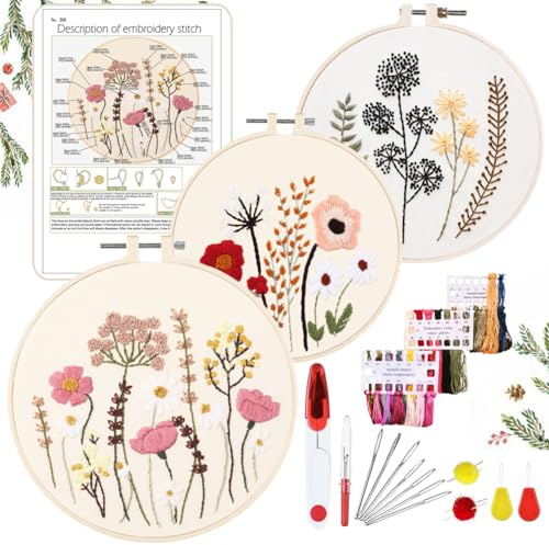YINVA Stickerei Set Anfänger, Blumenmuster Pflanzen Kreuzstich-Kit Starter Tools Kit mit 2 Stück Kunststoff-Stickrahmen, Farbfäden und Werkzeuge, für DIY Kunst, Handwerk, Sticken (Rosa)