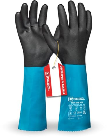 Gebol Grip Tech Plus, 1 Paar Arbeitshandschuhe mit Nitril-Beschichtung, Öl- und chemikalienbeständig, Reinigung, Garten, Kfz-arbeiten, Extra Langer Unterarmschutz, für Herren, Gr. L/9
