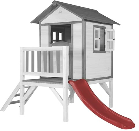 AXI Beach Lodge XL Spielhaus aus Holz in Weiß mit Roter Rutsche | Kleiner Spielturm, Stelzenhaus mit Veranda & Rutsche für Kinder, FSC Holz, Podesthöhe 57 cm