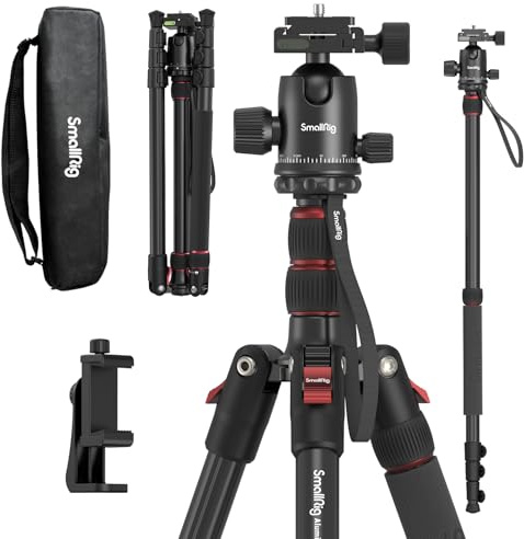 SMALLRIG 71 Kamera-Stativ, Faltbares Aluminium-Stativ Einbeinstativ, 360°Kugelkopf Abnehmbar und Schnellwechselplatte, mit Smartphone Klemme, Nutzlast 15kg 33lb, 71in/180cm - 3935