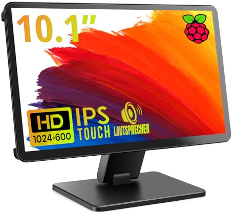 ROADOM 10,1 Touchscreen Monitor mit Gehäuse für Raspberry Pi 5/4/3/Zero, IPS FHD 1024×600, Responsive Touch, Dual integrierte Lautsprecher, HDMI-Eingang, vielseitiger Ständer