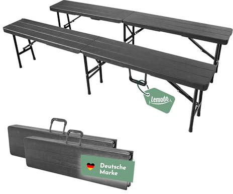 Lemodo Klappbank 2er Set – klappbare Bierbank 180 x 25 cm, bis 400 kg pro Bank belastbar, stabile Sitzbank für Garten, Camping und Feste, Holzoptik, platzsparend mit Tragegriff für 4 Personen