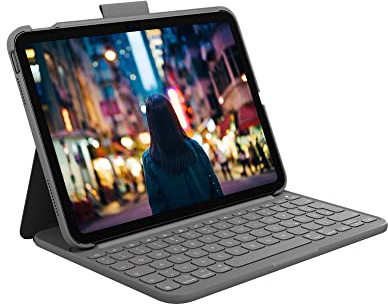 Logitech Slim Folio Tastatur-Case für iPad (10. Generation und A16) mit integrierter kabelloser Bluetooth-Tastatur, Deutsches QWERTZ-Layout - Graphit
