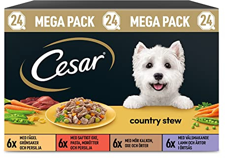 Cesar Landragout Adult 6 x 150 g Schalen mit Rind & Nudeln, Truthahn, Rind & Kräutern, Geflügel, Gemüse & Petersilie und Lamm & Erbsen in Kräutersauce