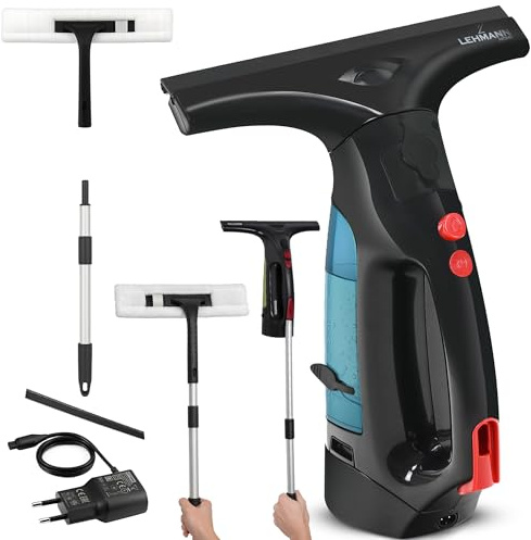 LEHMANN Akku Fensterreiniger mit zusätzlicher Gummilippe, Fenstersauger kabellos 25 cm, elektrischer Fensterputzer Set mit Sprühfunktion, 100 ml Tank, Teleskopstange & Mikrofaserbezug