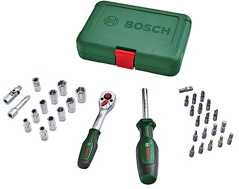 Bosch Ratschen / ¼Steckschlüsselsatz-Set, 34-teilig (hochwertiger und vielseitiger Steckschlüsselsatz für zahlreiche Heimwerkeraufgaben; ergonomischer Griff mit Softgrip; magnetische Bit-Aufnahme)
