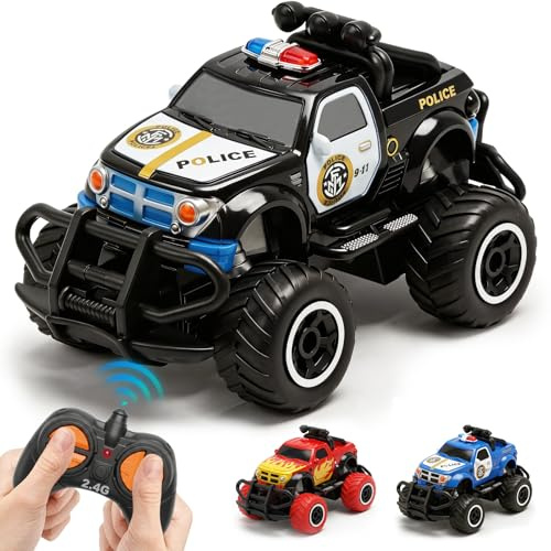 Pup Go Monster Truck Polizeiauto Ferngesteuert mit Licht für Kind 3-9 Jahr | Robust Polizei Auto Spielzeug Kleinkind, Mini RC Auto Monstertruck Offroad Indoor Outdoor, Geburtstagsgeschenk Junge, Schwarz