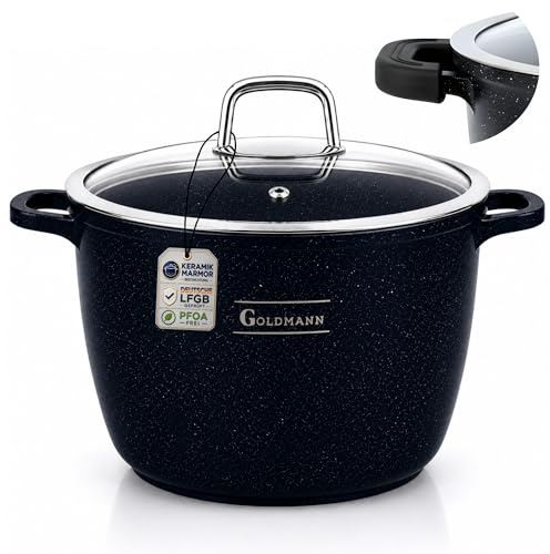 GOLDMANN Kochtopf Aluguss/Suppentopf, 24 cm, 6.2 l, antihaftbeschichtete Keramik in Marmoroptik, Glasdeckel, geeignet für Induktion und alle Herdarten, ofenfest und PFOA-frei