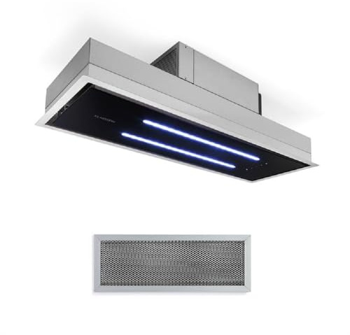 Klarstein High Line Deckenhaube - Einbau, 77 cm, 410 m3/h, Umluft und Abluft, 3 Stufen, LED, Fernbedienung & Aktivkohlefilter, Dunstabzugshaube, Unterbauhaube, Edelstahl/schwarzes Glas