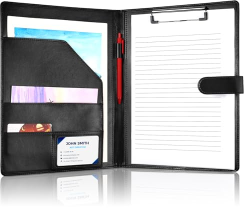 Klemmbrett A4 mit Deckel, PU-Leder Klemmbrettmappe Schreibmappe Klemmbrett mit Schreibblock Dokumentenfächern Stifthalter Magnetverschluss Konferenzmappe A4 für Bürobedarf Schule (Schwarz)