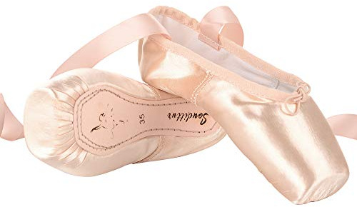 Soudittur Ballett Spitzenschuhe Satin Tanzschuhe Rosa Ballerinas mit Aufgenähten Bändern und Spitzenschoner für Damen Mädchen EU 38