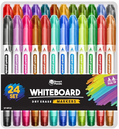 Whiteboard Marker von SmartPanda – Whiteboard Stifte, Folienstift Abwischbar - Doppelspitze, Medium und Fein – Abwischbare Stifte, non Permanent Marker, Whiteboardmarker – 24er Set