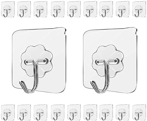 LABOTA Klebehaken Extra Stark, 20 Stück Haken Selbstklebend Transparent Praktisch Klebenägel Wand, Adhesive Hooks für Küche Badezimmer Wand & Decke Aufhänger, Max 10kg