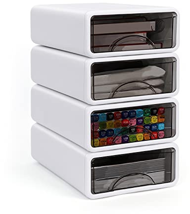ZPONEED 4 Stück Stapelbar Schubladenbox Schreibtisch mit Schubladen, Schreibtisch Organizer Schubladen, Schubladenboxen, Kunststoff Aufbewahrungsbox für Büro, Schule, Zuhause, Schminktisch, Desktop