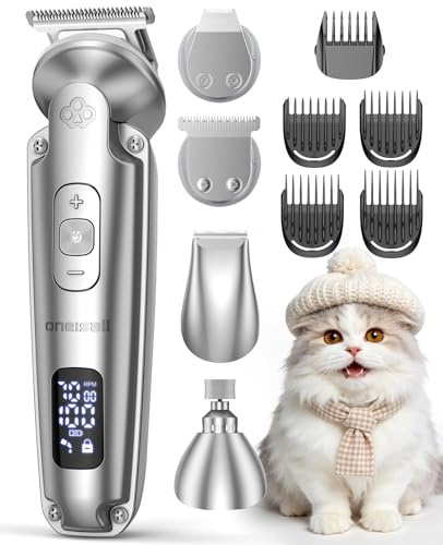 Oneisall 4in1 geräuschlose Tierhaarschermaschine mit LCD für Hunde Katzen | 4-in-1 Trimmer, 4 Wechselköpfe, 3 Stufen bis 7000 U/min, <49dB leise, LCD-Akkuanzeige, 120min Akku, 5 variable Aufsteckkämme