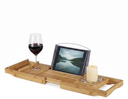 Relaxdays Badewannenablage Bambus, ausziehbares Badewannenbrett mit Buchstütze und Glashalter, HBT: 19x107,5x23cm, Natur