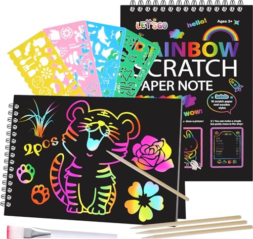 OFFCUP Magic Scratch Book, 2 Stück Kratzbilder Kinder, 4 Holzstifte | 4 Malschablonen, 1 Bürste, Kratz Buch, Regenbogen Magie Kratz Zeichenpapier, Scratch Art Notebook(15*20.5CM)