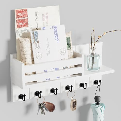 SWTYMIKI Schlüsselbrett mit Ablage - Schlüsselkasten holz mit Regal Enthält Briefhalter und 6 Haken, Schlüsselhalter Wand für Wohnzimmer, Küche, Büro, Flur, Schlafzimmer, Weiß