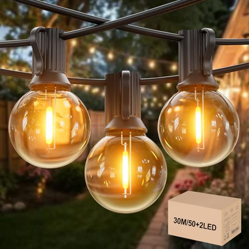 GLOBELIT 30M Lichterkette Außen Strom - IP45 Wasserdicht mit 50+2 G40 Glühbirnen (Warmweiß), Outdoor LED Lichterketten Kann in Reihe Geschaltet Werden 300M