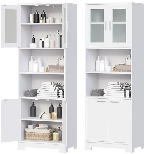 BEWISHOME Weiß Hoher Badezimmerschrank,Badschrank,Badezimmermöbel | mit Verstellbare Ablagen, Mehrzweckschrank mit Glastür und offenem Fach,für Badezimmer/Wohnzimmer, 40 * 60 * 180cm EYYG04W