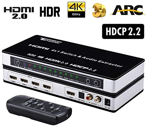 Tendak 4-Port HDMI Switch 4K@60Hz UHD HDMI-Umschalter 4 auf 1 mit Fernbedienung, Optisch und L/R Audio Extractor, ARC, 3D, HDCP 2.2
